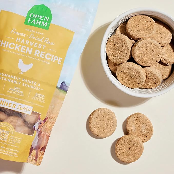 Open Farm, Freeze Dried Raw Dog Food, Patties with 95% Meat, Organs & Bone, Complete Meal or Freeze Dried Dog Food Mixer, Chicken Recipe, 17.5oz Bag