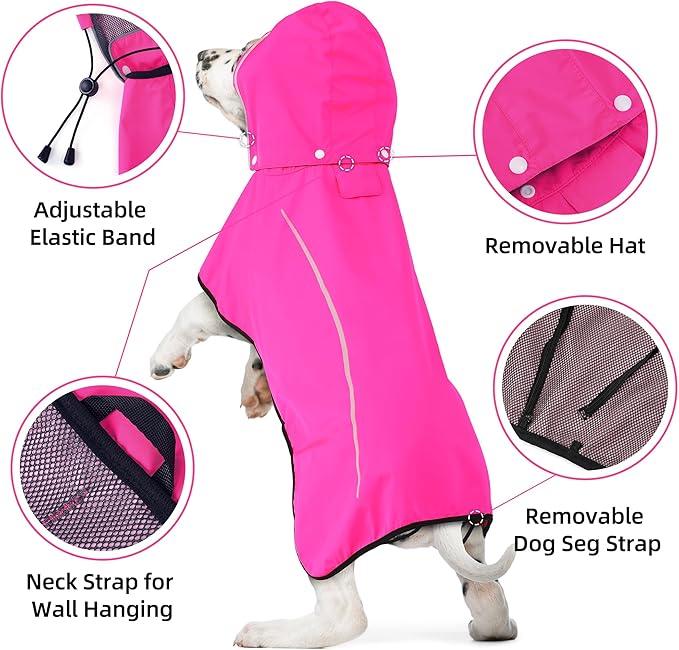 Mile High Life Dog Raincoat, Adjustable Waterproof Pet Rain Jacket, Reflective Hooded Poncho for Small Medium Large Dogs, Lightweight Breathable Pet Rain Coat (Hot Pink,L Chest 26"-33")