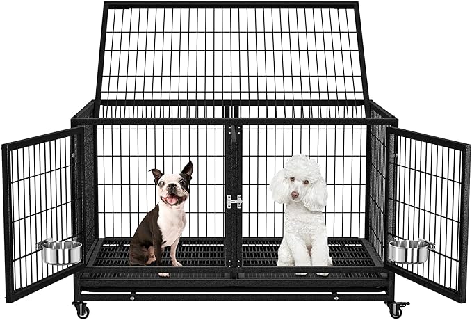 48/43 inch Heavy Duty Dog Crate for Large Dogs, Stackable Dog Kennels and Metal Wire Cages with Feeding Bowls, Leak-Proof Pans, Removable Wire Trays and Divider, Extra Large XL XXL