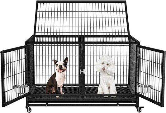 48/43 inch Heavy Duty Dog Crate for Large Dogs, Stackable Dog Kennels and Metal Wire Cages with Feeding Bowls, Leak-Proof Pans, Removable Wire Trays and Divider, Extra Large XL XXL