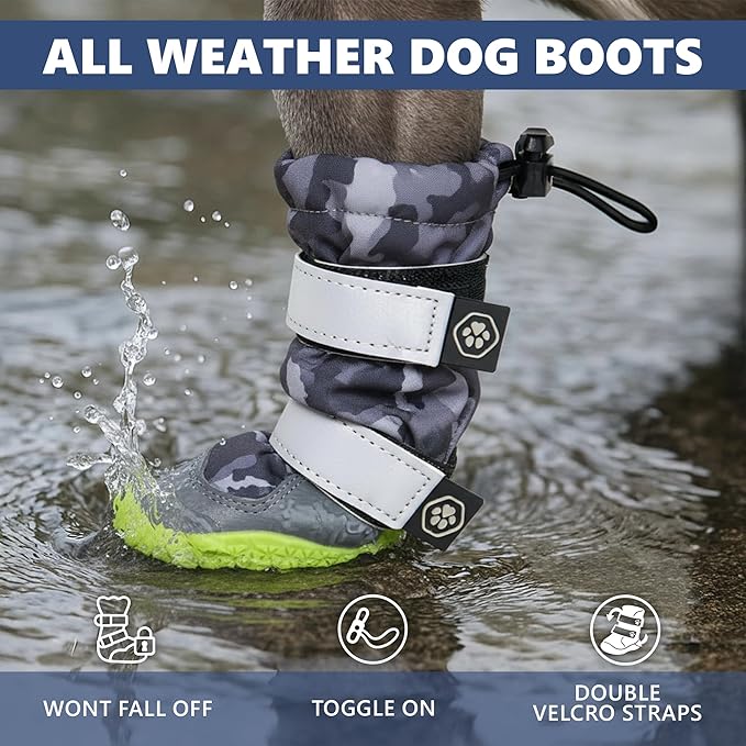 Spark Paws Dog Shoes, Waterproof Dog Boots for Medium to Large Dogs, Non Slip, Breathable Dog Booties and Paw Protectors - 4PCS Doggie Hiking Boots with Reflective Straps, Gray Camo, Size 2