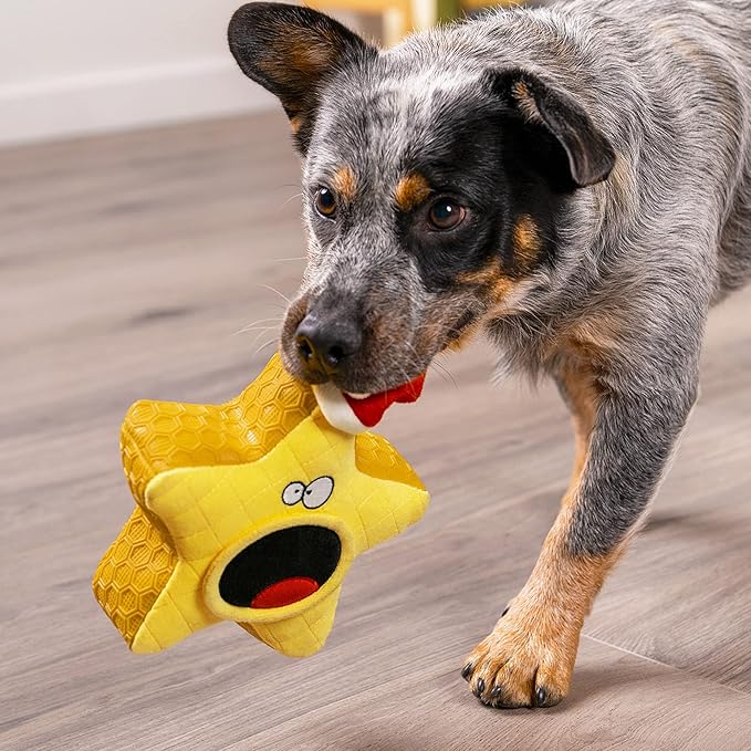 goDog Holiday Collection Mixed Materials TPE-Plush Holiday Star Squeaky Dog Toy, Chew Guard Technology - Yellow, One Size