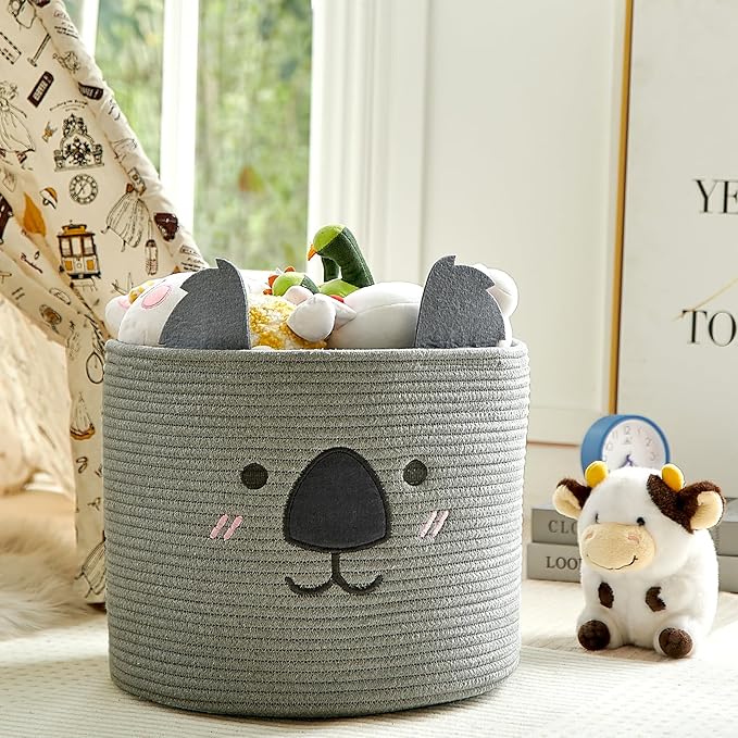 OMERAI Animal Koala Basket, Cute Cotton Rope Woven Large Blanket Basket, Toy Storage for Nursery decor and Laundry Organizer with Handles, baby hamper shower gift, 15" D x 12.6" H, Grey