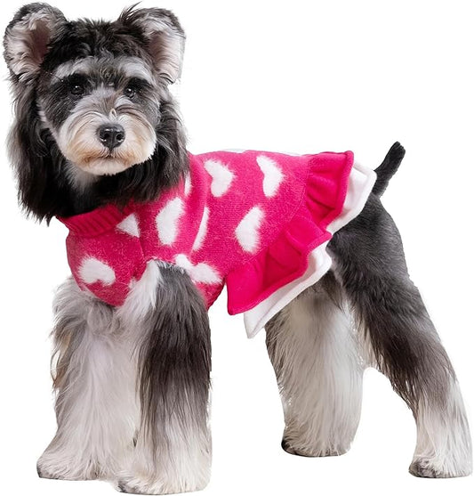 CuteBone Fancy Pink Dog Sweater Dress, Soft and Stretchy Dog Clothes for Small Medium Dogs Girl, Pink Heart Puppy Sweater Pullover Ruffle Dress Pet Outfit Cat Apparel