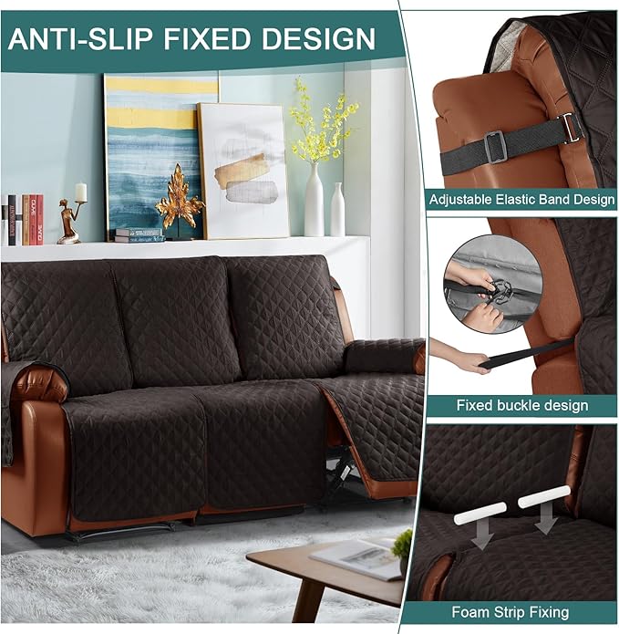 Ruaozz Waterproof Recliner Sofa Cover 1-Piece Couch Covers for Reclining Couches Reclining Sofa Cover Washable Furniture Protector with Elastic Straps Pocket for Kids, Pets (Dark Coffee, 3 Seater)