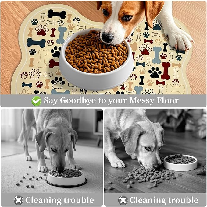 Dog & Cat Food Mat Bone Shaped Pet Feeding Mat Quick Absorb Water Bowl Placemat with Rubber Backing Indoor Floor Stain Resistant Pet Accessory Supplies (Beige, 12x24 Inches)