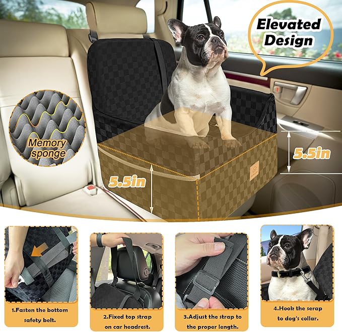 Dog Car Seat for Small and Medium Dogs Up to 35 lbs –Memory Foam Dog Booster Seat with Safety Leash & Storage Pockets, Fits Front & Back Car Seats, Removable Washable Cover – Black