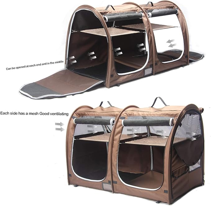 Mispace Portable Twin Compartment Show House Cat Cage/Condo - Easy to Fold & Carry Kennel - Comfy Puppy Home & Dog Travel Crate with Portable Carry Bag/Two Hammocks/Mats and Collapsible Litter Box