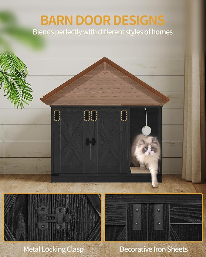 Cat Litter Box Enclosure, Hidden Litter Box Cabinet Furniture with Bell, Indoor Cat House, Farmhouse Style, 31.5 x 19.7 x 20.9Inches, for Hallway, Bedroom, Black CB82404X