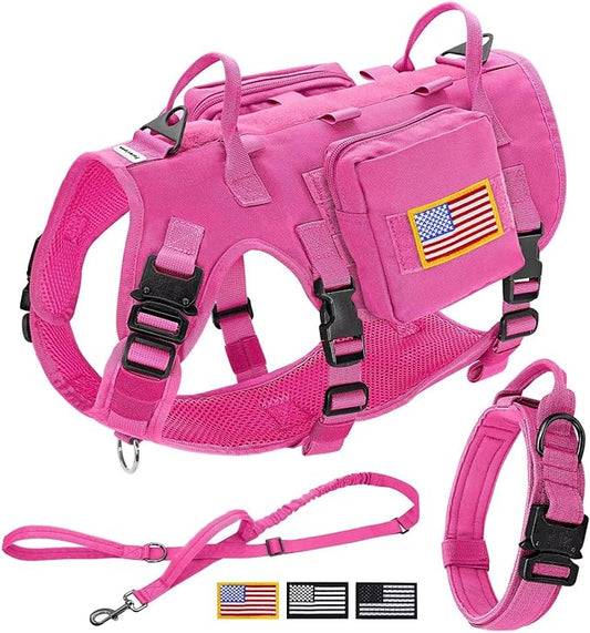 Forestpaw Pink Tactical Dog Harness for Large Dogs,Tactical Dog Collar with Bungee Leash Set,No Pull Military Dog Harness for Walking Training,Adjustable for Medium Large Dogs,Chest 19.5-41.5"
