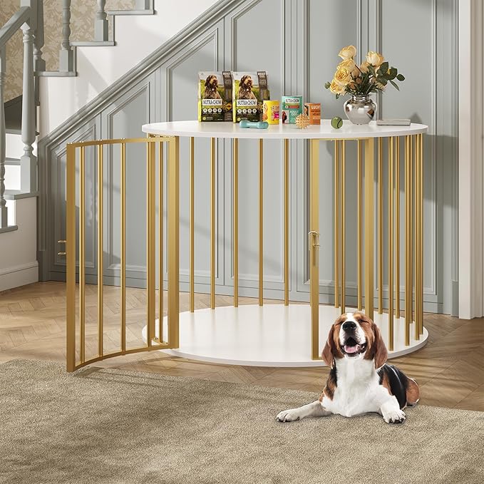 32 Inch Dog Crate Furniture for Large Medium Dogs, Wooden Dog Kennel Indoor Decorative Pet House Side End Table, Round Dog Cage, White and Gold