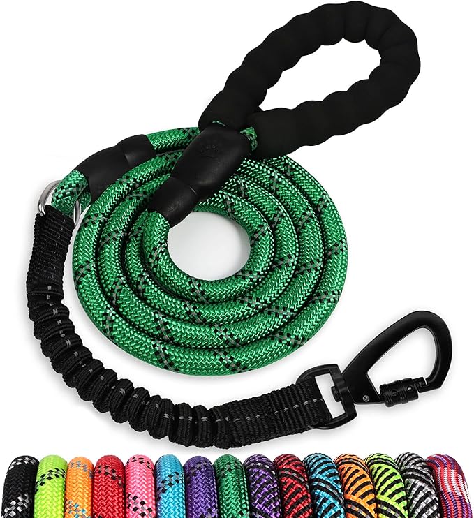 Rope Dog Leash 6 FT: Heavy Duty Leashes with Swivel Lockable Hook Reflective Threads Bungee and Padded Handle - Dog Lead for Large Small Medium Dogs Outside Walking Hiking Green
