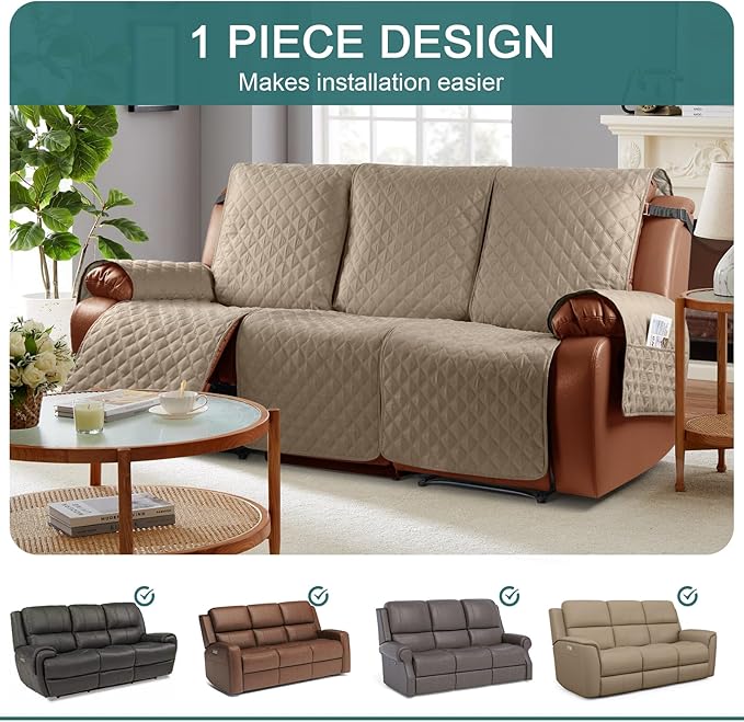 Ruaozz Waterproof Recliner Couch Covers 1-Piece Sofa Covers Washable Recliner Covers Non-Slip Furniture Protector with Elastic Straps Pocket for Kids, Pets (Khaki, 3 Seater)