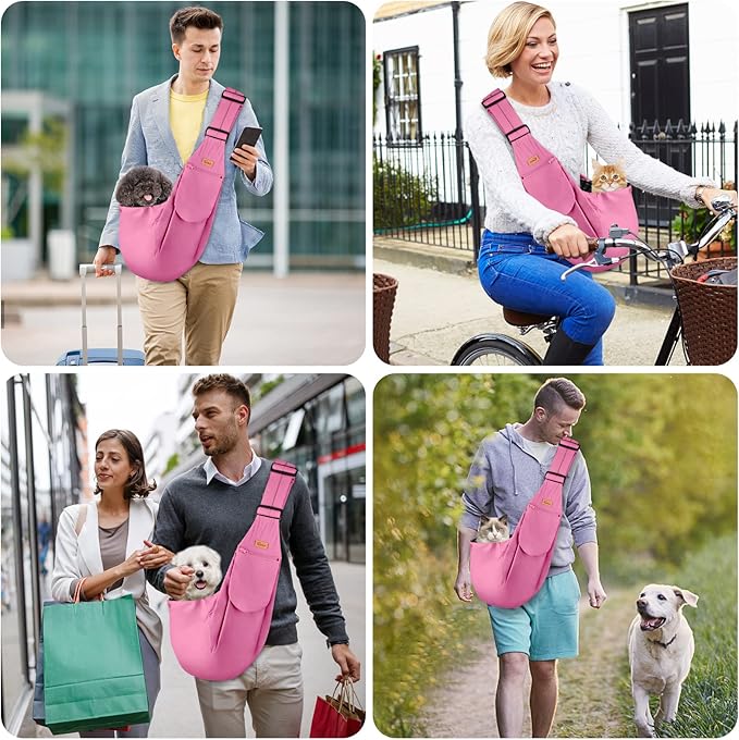 CUBY Dog and Cat Sling Carrier, Hands Free Reversible Pet Papoose Bag, Soft Pouch Adjustable, Suitable for Puppy Cats for Outdoor Travel (Pink Classic, S-Adjustable Strap)