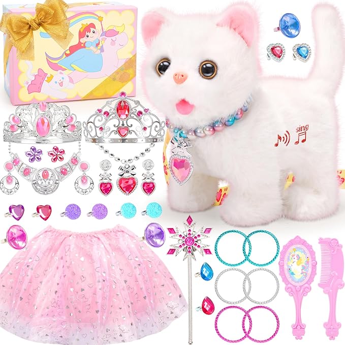 Tagitary Plush Toys Walking Cat Repeats What You Say,Stuffed Interactive Cat Talking Singing Toys with Princess Dress Up Accessories Jewelry Toys,Christmas Birthday Gift Party Favors for Kids