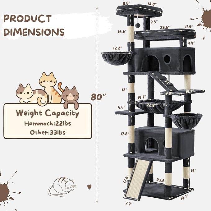 Tall Cat Tree Tower Large: 80-Inch 8-Level Extra Giant Cat Condo for Indoor Big Cats Adults with 9 Scratching Posts, 2 Perches, 2 Caves, 2 Basket, 2 Stairs, Heavy Duty, Huge