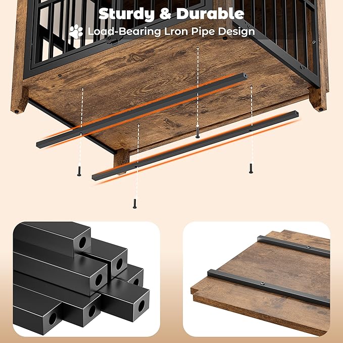 Lulive Dog Crate Furniture, Wooden Dog Kennel Indoor with Adjustable 360°& Height Dog Bowls, Double Doors Furniture Dog Crates End Table for Small/Medium 31.5" L*22.5" W*25.6" H, Brown