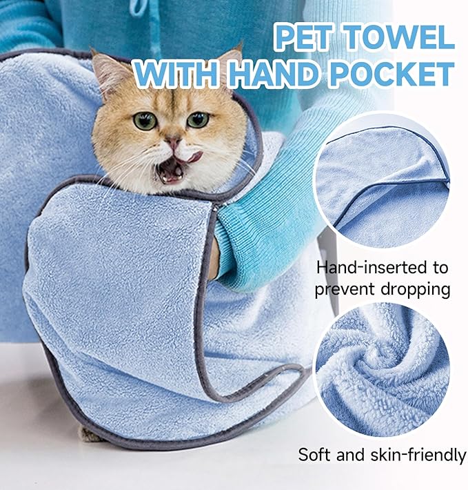 Dog Towels for Drying Dogs Small Medium Large, 2 Pack Dog Cat Drying Bath Towel 30.3"x13.8" with Hand Pocket,Absorbent Pet Towel for Dog Cat Blue