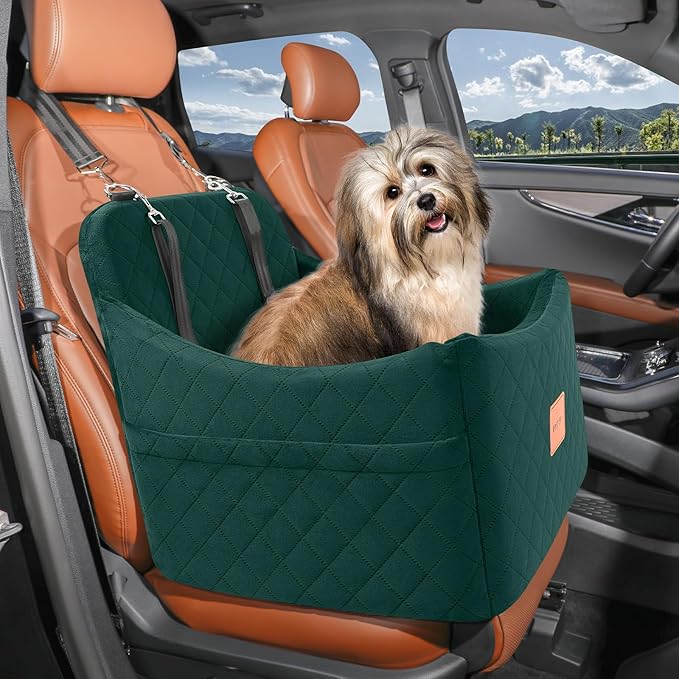 Dog Booster Car Seat for Dogs up to 35lbs, Safety Pet Car Seats with Anti-Slip Bottom, Travel Booster Dog Bed with 2 Storage Pockets (Green, Medium)