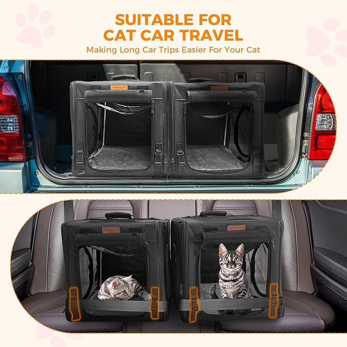 PETUX 2-in-1 Double Cat Carrier for Multiple Cats - 34"x17"x17", Portable, Foldable, Large Cat Travel Carrier with Litter Box, Play Tunnels and Hammock for Car Travel ＆ Vet Visit - Black