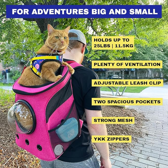 Fat Cat Backpack Carrier - Airline Approved Cat Carrier with Space Capsule Bubble for for Small Cats, Kitten - Premium Deep Rose Pink Cat Carrier Backpack for Outdoor, Travel, Hiking, Pet Supplies