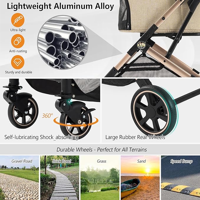 Kenyone 3-in-1 Pet Stroller for Small Medium Dogs Puppy Cat Stroller with Detachable Carrier & Pad Lightweight Foldable Aluminum Alloy Frame Dual No-Zip Entry(Khaki)
