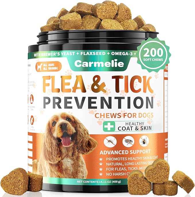 Flea and Tick Prevention for Dogs - 200 Chews Natural Dog Flea and Tick Support, Oral Flea Supplement for All Dogs, Supports Healthy Skin & Coat, Puppy Flea Protection - Chicken Flavor