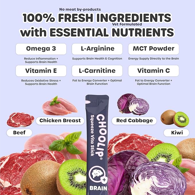 Choolip Squeeze Vita Stick Lickable Cat Treats & Dog Puree – 49-Count Brain Support Tubes, Creamy Grain-Free High-Protein Puree with DHA, Omega 3 & Vitamin B12 for Memory & Cognitive Health