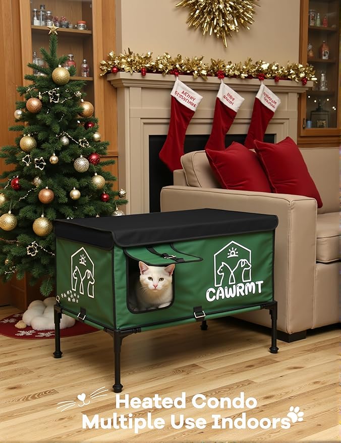 X-Large Heated Cat House for Outdoor Winter, Full-Coverage Cat House Heater, Indestructible 100% Waterproof Insulated Outside Cat Shelter for Feral Barn Cat Protection (Green, 27x18x20)