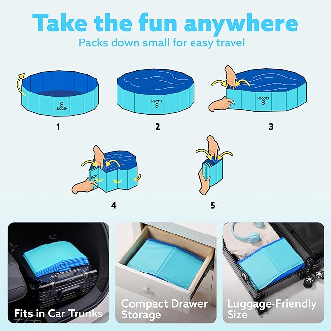 Sloosh Foldable Dog Kiddie Pool - Portable Hard Plastic Doggie Swimming Pool, Anti-Slip Collapsible Pets Bath Tub Suitable for Kids Toddler Indoor Outdoor Backyard Use (Blue, 32" x 8")