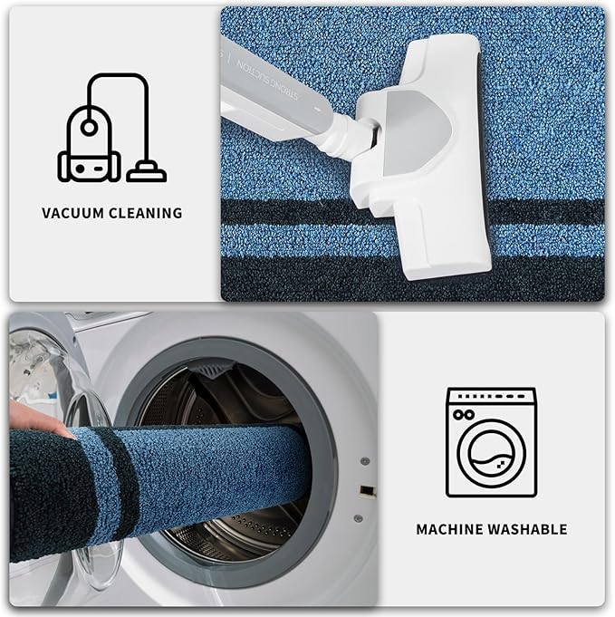 PURRUGS Dirt Trapping Door Mat 24" x 60", Non-Slip/Skid Machine Washable Entryway Rug, Shoes Scraper, Area Rug, Super Absorbent Welcome Mat for Muddy Wet Shoes and Paws, Light Blue & Navy