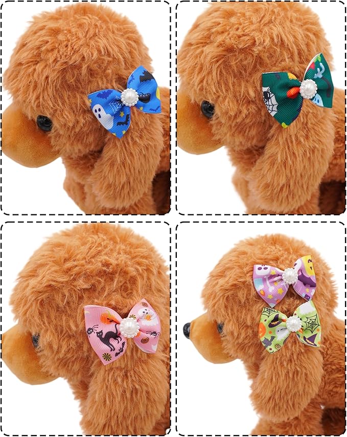 PET SHOW 10 Pack 2" Halloween Small Dogs Hair Bows with French Clips Rhinestone Yorkie Barrette Clip Bowknot for Medium Dogs Puppy Pet Ghost Pumpkin Topknot Cat Grooming Hair Accessories