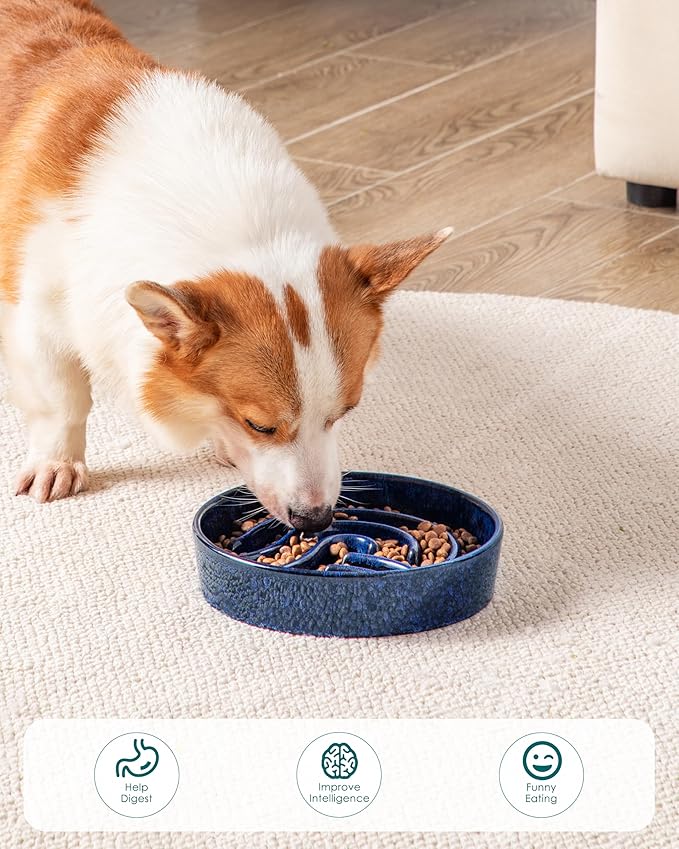 vancasso Slow Feeder Dog Bowl, 1.5 Cup Ceramic Slow Feeding Food Dish for Small and Medium Breed, Puzzle Dog Food Bowl for Fast Eater, Blue