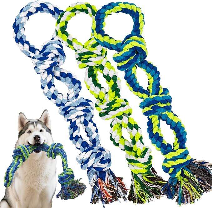 Rocfish [3 Pack] Dog Rope Toys for Aggressive Chewers, Nearly Indestructible Tug of War Toys for Large & Medium Dogs, 100% Cotton, Teeth Cleaning Chew Rope, Heavy Duty Tug of War Dog Toy for Boredom