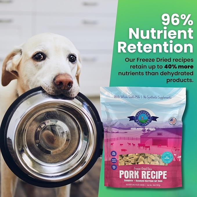 Shepherd Boy Farms Freeze Dried Raw Dog Food, Pork Recipe, All Natural, No Synthetics, Made in USA with Goat's Milk & Organic Produce, High Protein, Complete Meal (14oz)