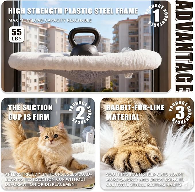 Cat Window Perch with Strong Suction Cups, Cat Window Hammock Foldable Bed with Breathable Mesh, All-Season Lounger for Medium Small Cats to Bird Watch & Sunbathe (White, XL)