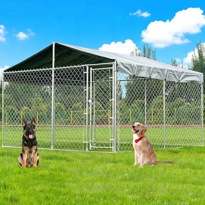 10x10ft Large Dog Kennel Outdoor, Heavy-Duty Outside Dog Kennel with Roof, Security Latch-Lock Door, Chain-Link Dog Enclosure Dog Run for Yard with Cover
