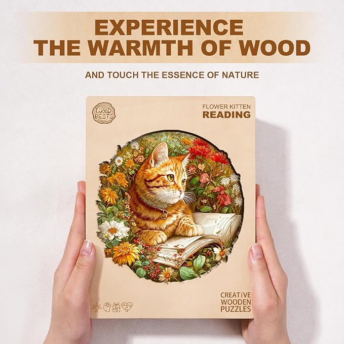 KAAYEE Wooden Puzzles for Adults, Flower Kitten Reading Puzzles, 100 Piece Unique Animal Shape Puzzle, Cat Wood Puzzle for Adults, Creative Gifts for Cat Lover/Friends/Family(8.5 * 8.5in)