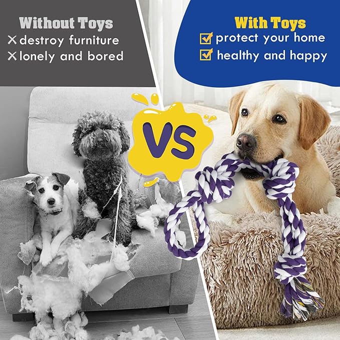 [3 Pack] Dog Rope Toys for Large and Medium Aggressive Chewers, Nearly Indestructible Rope Chew Toys, Heavy Duty 100% Cotton Tug of War Dog Toy for Boredom, Teeth Cleaning