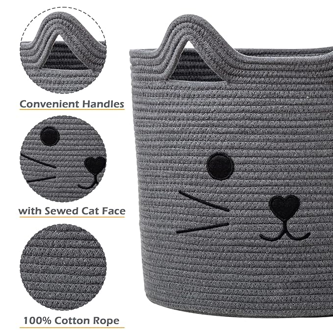 VK VK·LIVING Large Basket for Organizing Cute Animal Storage Baskets Cat Toy Storage Woven Cotton Rope Hamper Organizer for Laundry, Towels, Blanket, Toys, Clothes, Gifts, Pet Bed 15''x14''