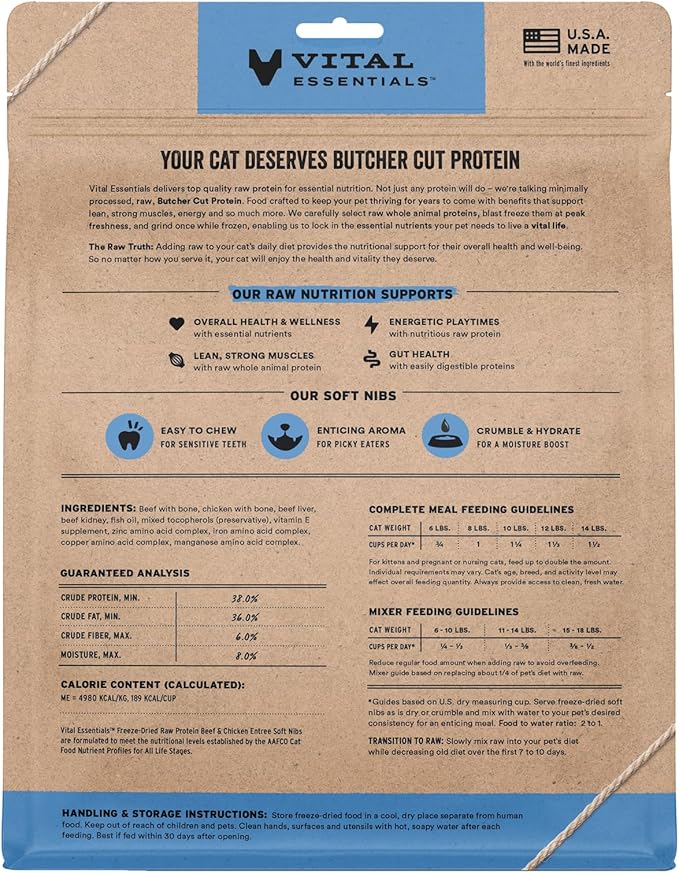 Vital Essentials Freeze-Dried Raw Beef & Chicken Meal or Mixer Cat Food Soft Nibs | 99% Beef, Chicken, Organs & Bone | 12 oz