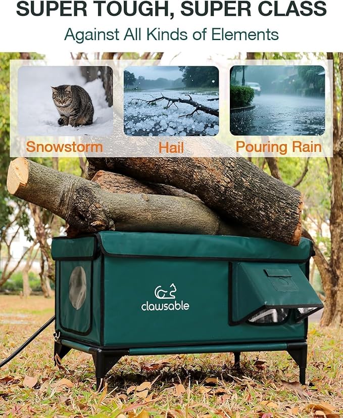 Indestructible Heated Cat House for Outside Winter, 100% Waterproof, Safe Escape Door, Insulated Outdoor Cat Shelter with Heater for Feral Barn Cat Kitty (Forest Green, 13"x17"x18")