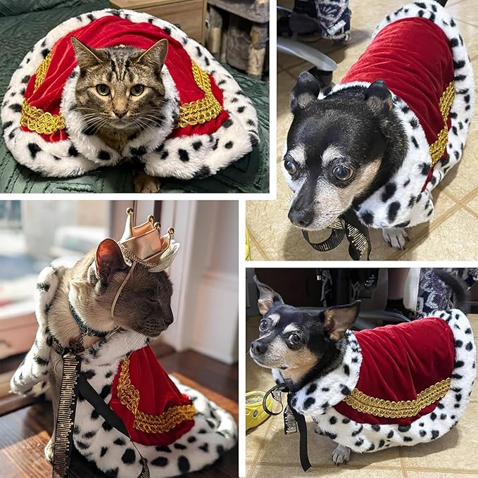 Pet Cloak King Dog Cape Robe Cute Halloween Christmas Cat Costume Queen Clothes Lux Fur Royal Cape Prince Princess Outfit Birthday Dress Small Large Dog Halloween Costume (Crimson, Small)