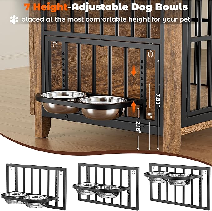 Lulive Dog Crate Furniture, Wooden Dog Kennel Indoor with Adjustable 360°& Height Dog Bowls, Double Doors Furniture Dog Crates End Table for Small/Medium 31.5" L*22.5" W*25.6" H, Brown