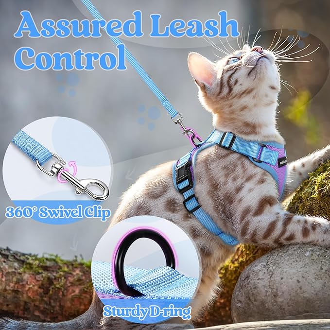 rabbitgoo Cat Harness and Leash Set, Escape Proof Soft Adjustable Vest Harnesses for Outdoor Walking, Easy Control Breathable Kitten Jacket with Reflective Strips, Purple & Blue, XXS