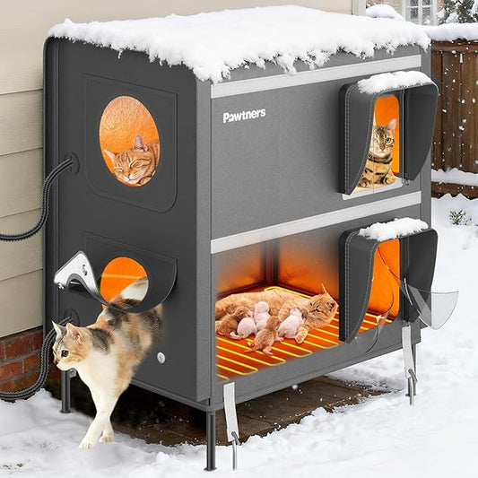 Pawtners Heated Outdoor Cat House for Outside Cats, 26'' XXL 2-Story Insulated Weatherproof Cat Shelter with Heated Pad, Elevated Feet & Escape Door, Warm Kitty House for Feral or Stray Cats in Winter