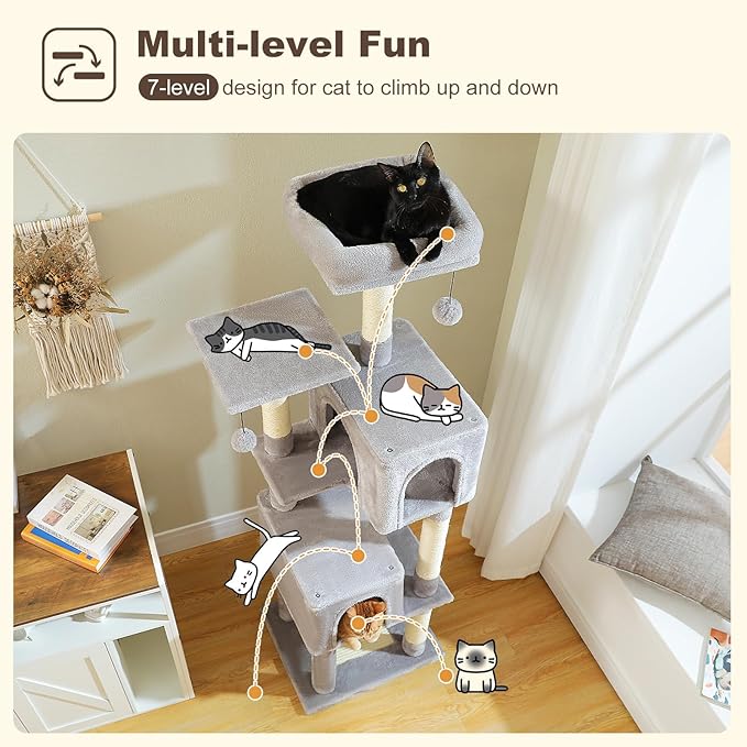 Cat Tree for Indoor Cats, 62-Inch Multi-Level Cat Tower with Scratching Posts for Large Cats, 2 Bigger Plush Condos, Padded Platform, Soft Cat Bed and Scratching Pad, 2 Pompoms, Gray