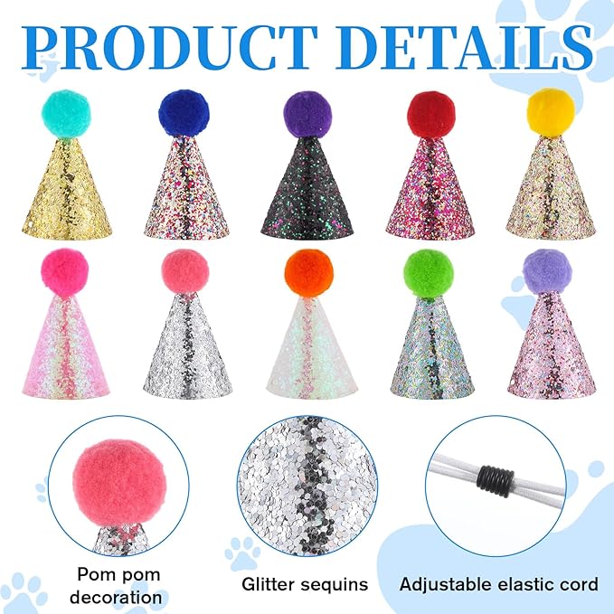 10pcs Mini Small Dog Hats with Sequins Multi-Color Cat Birthday Hat Puppy Birthday Party Hats Glitter Adjustable Mini Dog Birthdays Party Hat for Kittens Dogs Pet Grooming Costume Accessories