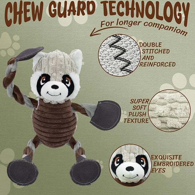 Squeaky Dog Toys, Tug of War Plush Toys with 5 Squeakers, Stuffed Dog Toys to Keep Them Busy, Chew Toys with Crinkle Paper for Small & Large Breeds (Raccoon)