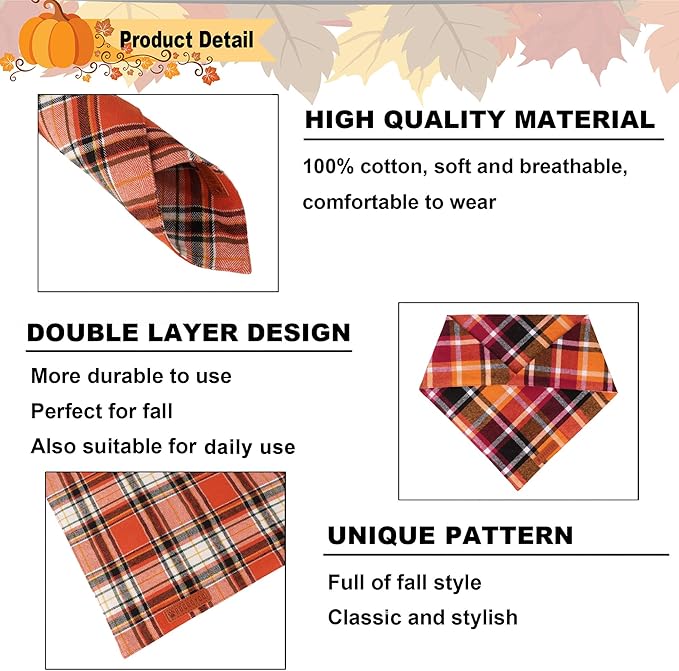 ADOGGYGO Fall Dog Bandanas 2 Pack, Premium Cotton Fabric, Orange Plaid Holiday Pet Scarf, Fall Thanksgiving Halloween Bandanas for Extra Large Dogs (X-Large)